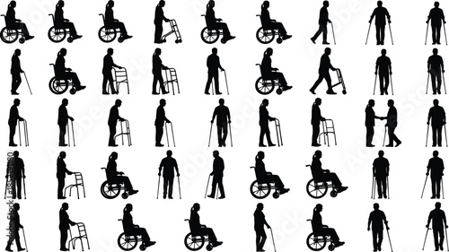 Black silhouettes of disabled people using wheelchairs, walkers, crutches, and canes, set of diverse mobility aid icons for disability awareness.