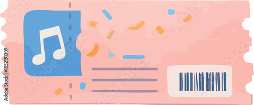 A flat pastel illustration of a music concert ticket featuring a musical note icon, confetti accents, and a barcode on a pink background