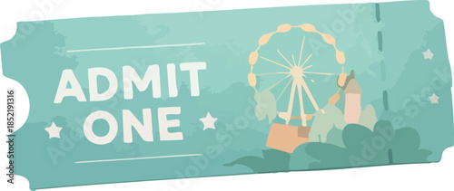 A flat pastel illustration of an admission ticket featuring a ferris wheel amusement park scene with the words “ADMIT ONE” on a teal background.