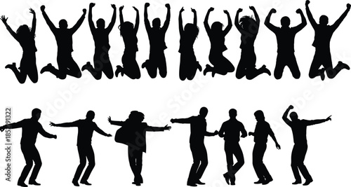 Collection of black silhouettes featuring people jumping for joy, celebrating success, and individuals using mobility aids like wheelchairs and walkers.