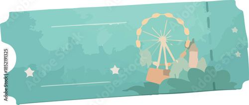 A minimalist pastel illustration of a blank admission ticket featuring a ferris wheel amusement park scene on a teal background without text.