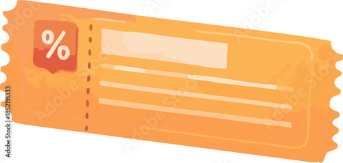 A flat pastel illustration of an orange discount coupon ticket with a percentage symbol and blank lines for promotional details.