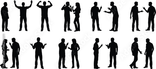 Collection of People Silhouettes in Various Social Poses Including Talking Arguing Gesturing Celebrating and Interacting Isolated on White Background for Design
