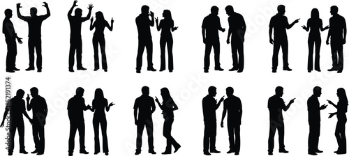 Collection of People Silhouettes Arguing Talking Pointing and Having Disagreements in Various Social Interactions Isolated on White Background for Design