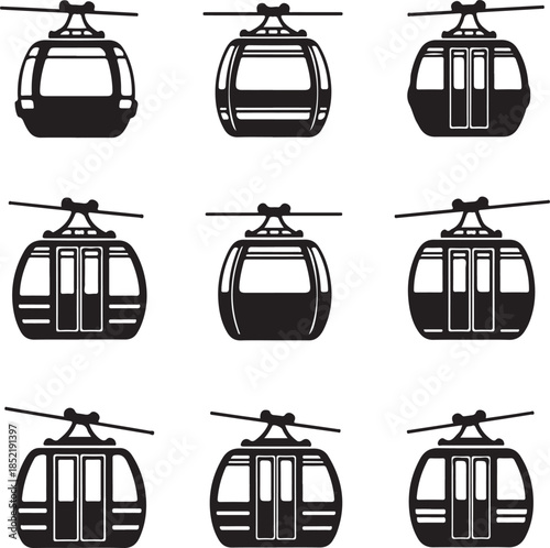 Various gondola lift in black silhouette silhouettes transportation