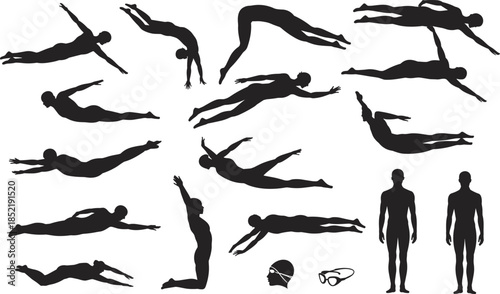 Collection of swimming silhouettes showing freestyle, butterfly, breaststroke, backstroke, diving poses, swim cap and goggles for aquatic sports design
