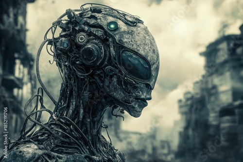 Futuristic cybernetic figure standing in a derelict urban landscape at dusk