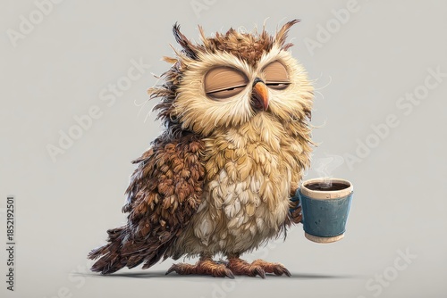 Grumpy sleepy owl holding coffee cup