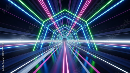 Vibrant neon tunnel with dynamic lighting, projecting a futuristic vibe.