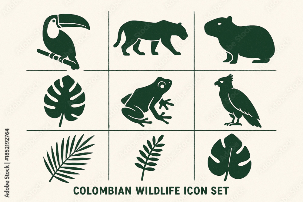 Fototapeta premium Colombian Wildlife Icon Set with Toucan, Jaguar and Tropical Animals in Geometric
