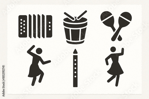 Colombian Music Icon Set with Vallenato Accordion, Cumbia Drums and Folk Instruments