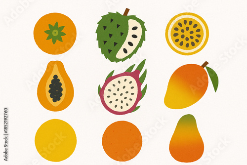 Colombian Tropical Fruit Icon Set with Lulo, Guanabana and Exotic Fruits in Geometric