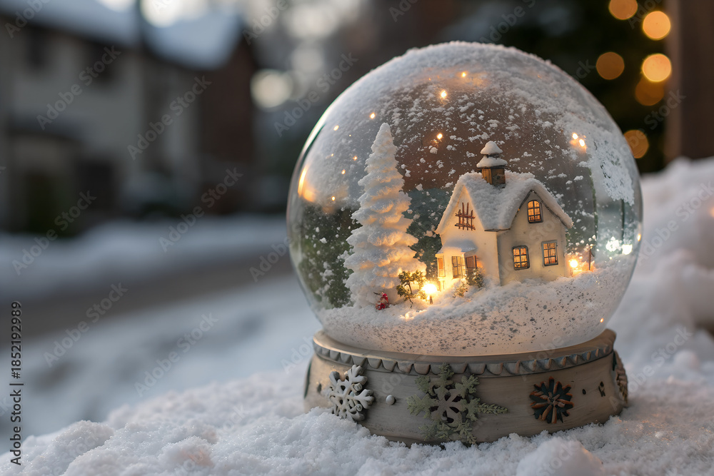 Naklejka premium Magical Snow Globe with Winter Village Inside