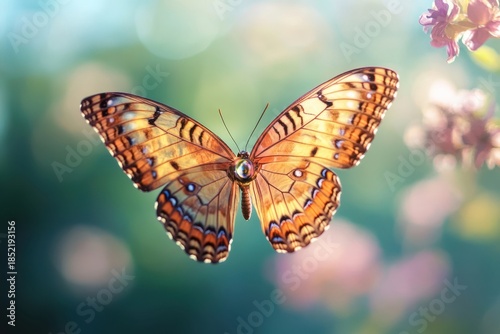 Beautiful butterfly perched among blooming flowers in a serene garden setting