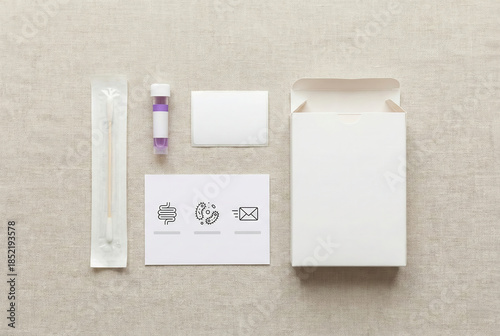 Minimal medical test kit layout with packaging and sample