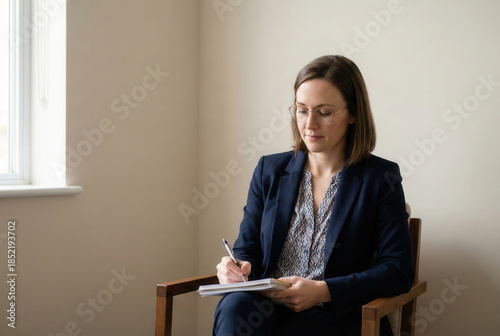 Female therapist writing notes during counseling session