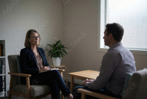 Therapist and client in calm mental health consultation