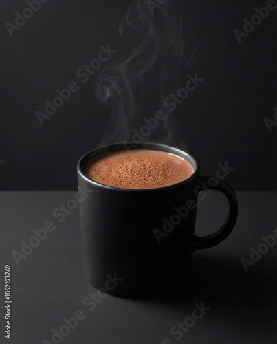 Steaming hot chocolate in black mug dark mood