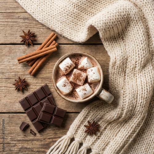 Cozy hot chocolate flat lay with scarf and spices