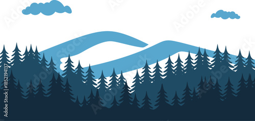 Serene stylized nature landscape illustration featuring blue mountains and a dark forest