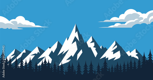 Majestic flat design mountain range illustration under clear blue sky with serene forest