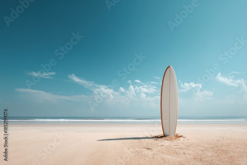 Surfboard standing upright on a sandy beach