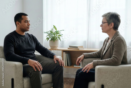 Calm therapy session with therapist and client seated