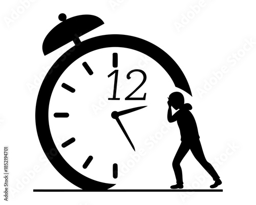 Silhouette of a person pushing a giant alarm clock