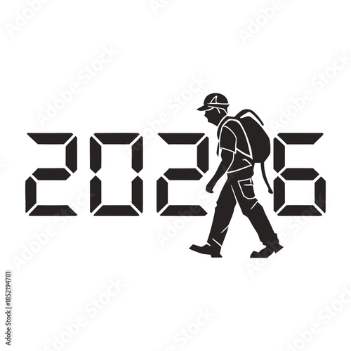 Hiker walking towards the year 2026