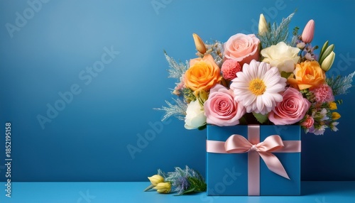 bouquet of beautiful flowers in a blue gift box on blue background