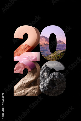 Colorful numbers 2026 are arranged on a black background. Each number features a different texture and color