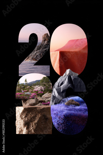 Colorful numbers 2026 are arranged on a black background. Each number features a different texture and color