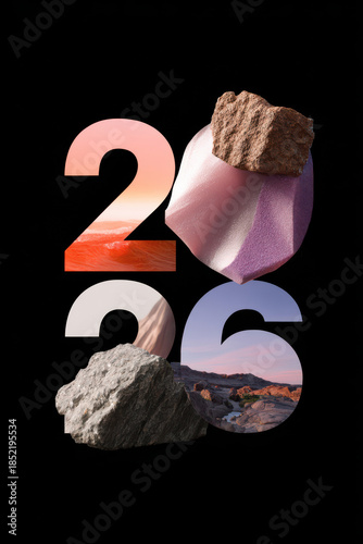 Colorful numbers 2026 are arranged on a black background. Each number features a different texture and color