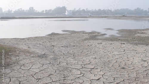 cracked dry riverbed showing water scarcity and drought conditions in rural india