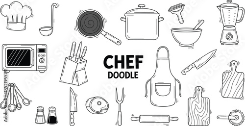 Hand drawn chef doodles for culinary designs and kitchen decor inspiration