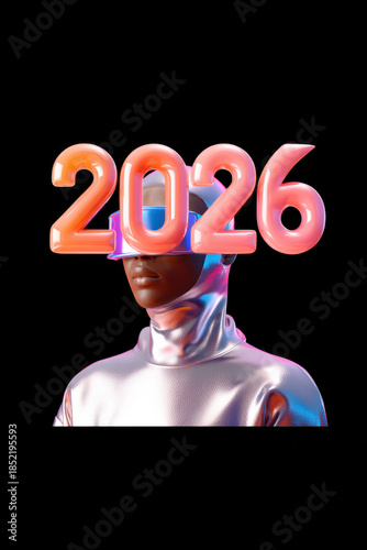 A person stands wearing shiny clothing and glasses. The number 2026 is displayed prominently above their head