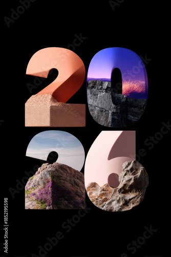 Colorful numbers 2026 are arranged on a black background. Each number features a different texture and color