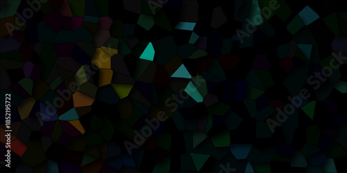 Dark abstract mosaic with scattered luminous polygonal shapes in vibrant teal, yellow, and orange against a deep black background, evoking a mystical or cosmic feel