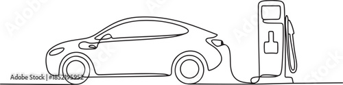 Electric car and charging stations in continuous one line drawing, Continuous one line drawing Electric car at charging station. one line Art icon drawing