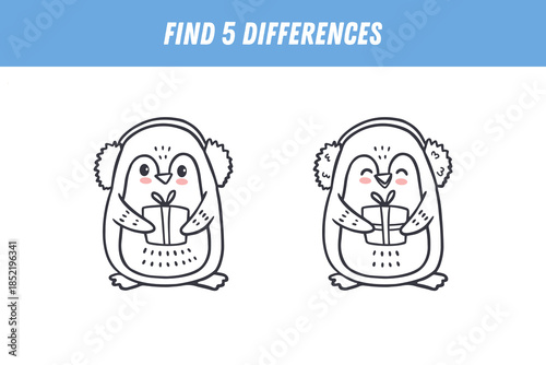 Find 5 differences between two pictures of cute penguin. Cartoon animal. Educational logical game for children. Vector illustration