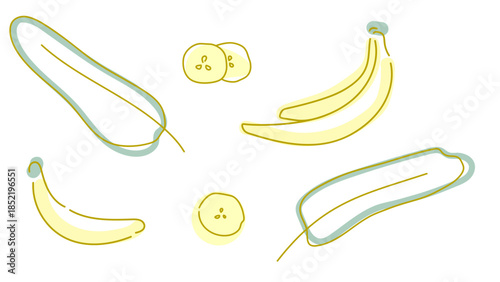 A set of banana illustrations including whole banana, banana slice, and banana branch.