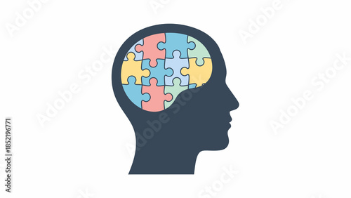 Abstract representation of a human head profile with colorful puzzle pieces fitting into the brain area, concept of problem solving and cognition, vector illustration