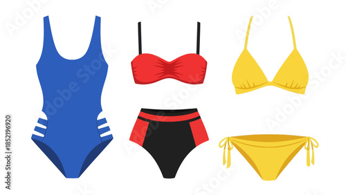 Vector illustrations of stylish one-piece and two-piece swimwear, perfect for summer fashion and beachwear