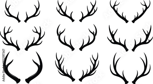 Set of black silhouette antlers on white background