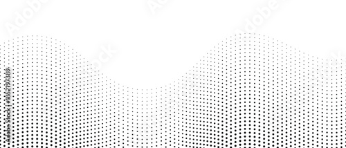 Abstract halftone dot wave background in black and white, modern dotted pattern landscape with smooth curves, vector