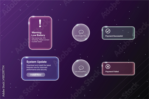 "Futuristic user interface design with glowing translucent notification boxes on a dark purple starry background, including system alerts like low battery warning, system update, and payment status.