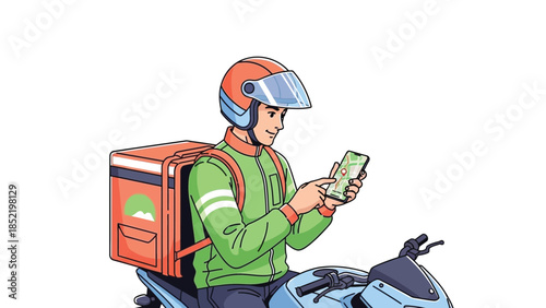 Delivery rider checking smartphone representing courier service logistics and modern last mile delivery concept
