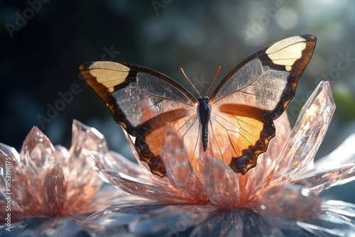 Butterfly perched on crystal-like flowers in a dreamy garden setting