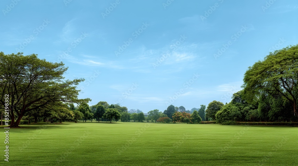 Naklejka premium A large open space covered in grass is surrounded by trees under a blue sky. It is daytime and the area looks well maintained and lively.