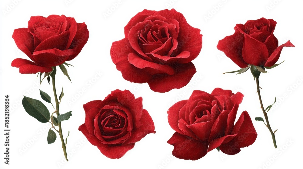 Fototapeta premium Roses in different shapes and sizes are displayed on a white background. Each rose has vibrant red petals with green leaves. The arrangement highlights the beauty of nature.